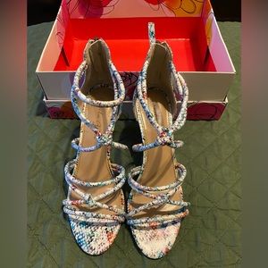 Size 8 Amelia Grace multi color snake print strappy zipper back heels